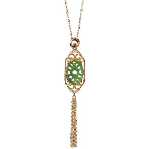 S925 sterling silver gold-plated Hetian jade pendant retro national trend Chinese style hollow tassel womens pendant