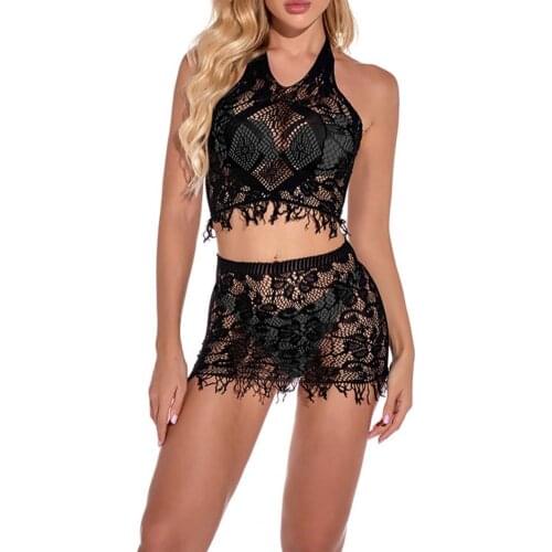 Sexy Underwear Women Fashion Hollowed-out Solid Color Lace Mesh Nightwear Skintight Hip Skirt for Anniversary Bathroom Wedding N
