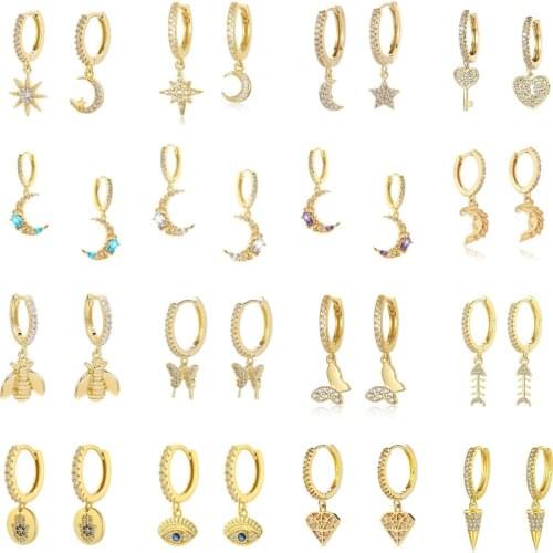 Gold Silver Color Coopper Cubic Zirconia Moon Star Pendant Hoop Earrings for Women Evil Eyes Huggie Earring Jewelry Wholesale