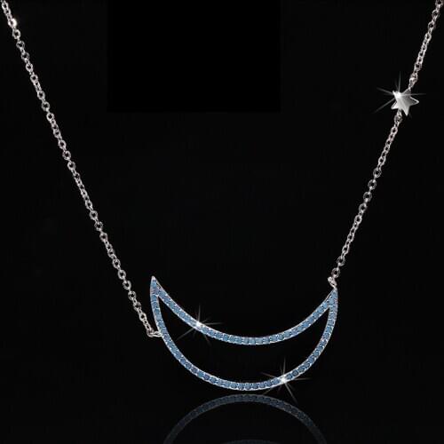 Fashion New Moon Star Pendant Necklace Blue Cubic Zirconia Sweater Chain 925 Silver Ladies Jewelry Wedding Jewelry