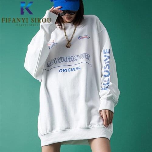 Streetwear Women Sweatshirt Fashion Letter Print Hoodies O-Neck Long Sleeve Pullover Female Loose Plus Size White Sweatshirts