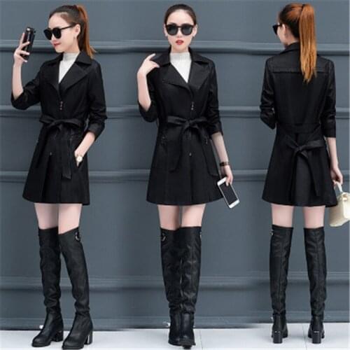 PU Leather Windbreaker Female 2019 Autumn Winter Fashion New Slim Slimming Long Leather Coat Jacket Tide HHH0068