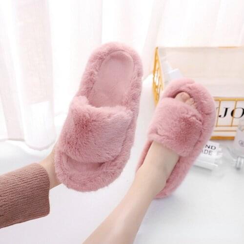 Maomao One - Word Cotton Slippers Female 2021 Autumn and Winter Lovers Flat Flat Home Wear Metal Decoration Plush Cotton Drag