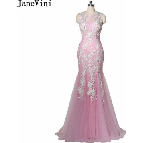 JaneVini Elegant Pink Long Bridesmaid Dress Women White Lace Appliqued Mermaid Wedding Party Dresses 2019 Tulle Godmother Gown