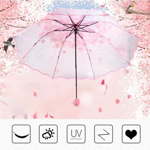 Folding Fully Half Automatic Transparent Umbrella Romantic Cherry Tree Printing Tri-folding Rain Sunshine Ladies Umbrella