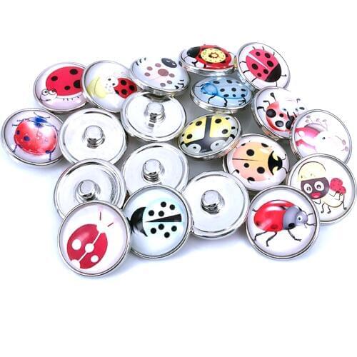 20pcs/lot 18mm 20mm Ladybug Pattern Glass Cabochon Snaps Button for DIY Snaps Bracelet Necklace Glass Charm Jewelry N032