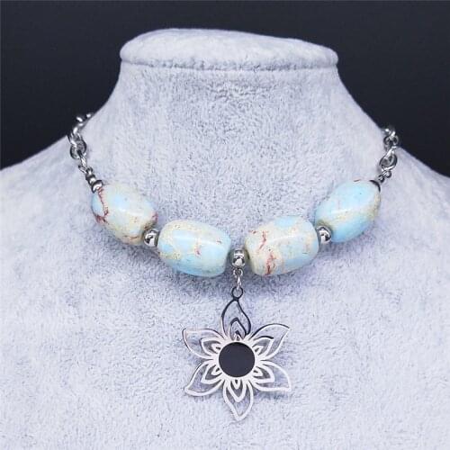 2021 New Flower Stainless Steel Natural Stone Charm Necklaces Silver Color Chain Necklaces Women Jewelry bijoux homme NXS04