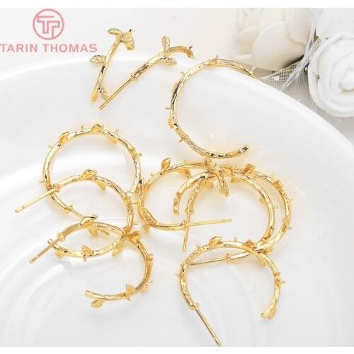 91) 4PCS 21x24MM 24K Gold Color Plated Brass Tree Branch with Half Pins Stud Earrings High Quality DIY Jewelry Making Findings