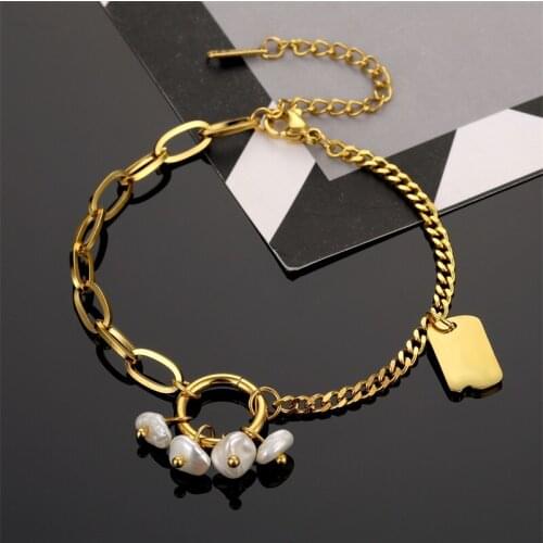 316L Stainless Steel Gold Plated Splice Geometric Chains Bracelet Pearl Rock Punk Horoscope European Fashion Party Jewelry