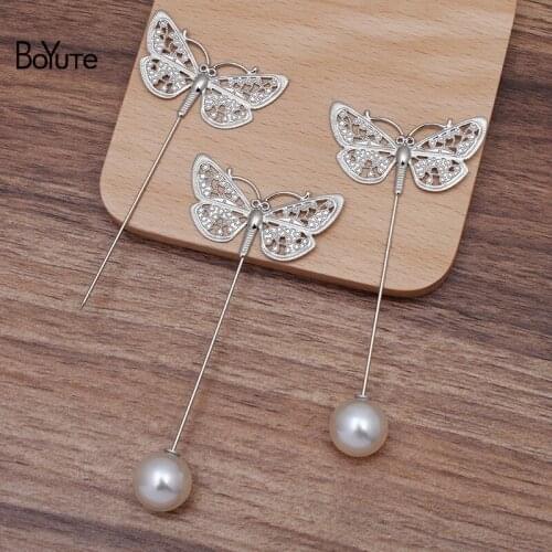 BoYuTe (20 Pieces/Lot) 22*43MM Metal Butterfly Lapel Pin with Pearl Stopper Diy Handmade Brooch Pins Jewelry Accessories