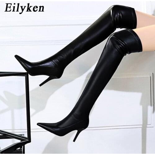 Eilyken High Quality Pu Leather Winter Warm Short Plush Over Knee Long Boots Fashion Thin High Heels Women Pointed Toe Slim Shoe