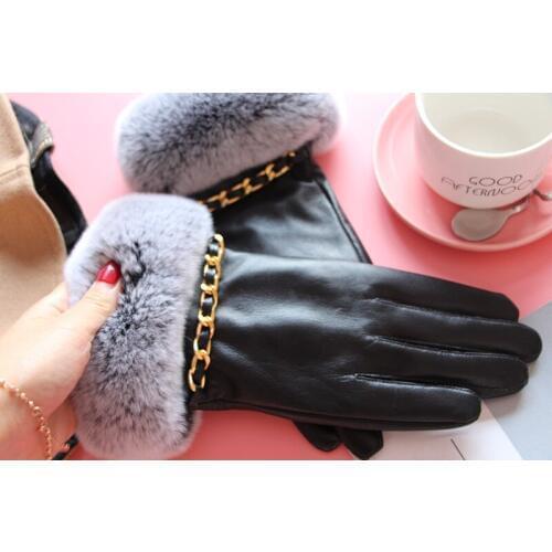 Leather Leather Gloves Sheep Skin Touch Screen Chain with Velvet and Thick Fashion Warm New Gloves