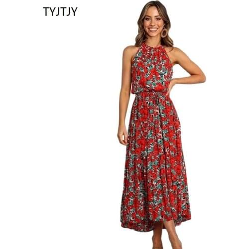 Summer Dress new 2021 Fashion Womens Maxi Dress bohemian polka dot sleeveless hanging neck zipper printed beach Dress