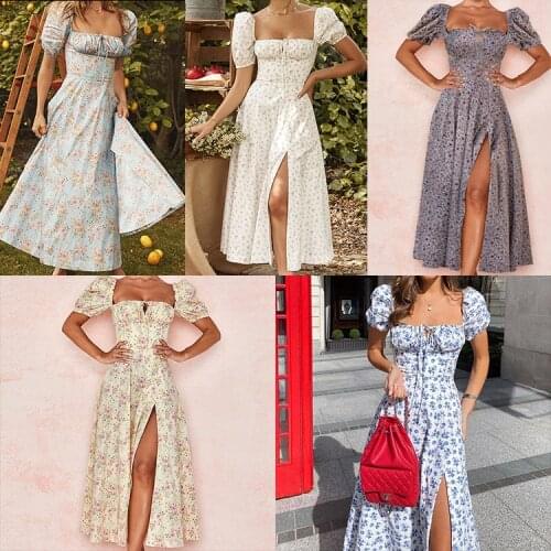 Summer Womens Dress 2021 Prairie Chic Sweet Fairy Floral Dress Puff Sleeve Shirring Split Midi Dress Robe Longue Femme Vestidos