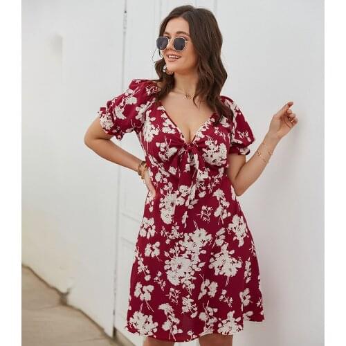 Women Dresses Summer 2021 Sexy V Neck Floral Print Boho Beach Dress Ruffle Short Sleeve A Line Mini Dress Wrap Sundress Robe