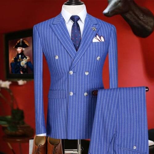 Mens Suits with Pants Double Breasted New Arrivals Slim Fit Men Suit Summer Groom Wear Blue Stripe Blazer Pant 6xl Plus