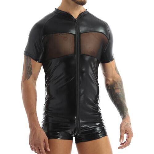 Mens Shiny Metallic Lingerie Bodysuit Crew Neck Short Sleeves Mesh Patchwork Skin-Tight Leotard Short Bodysuit Jumpsuit Clubwear