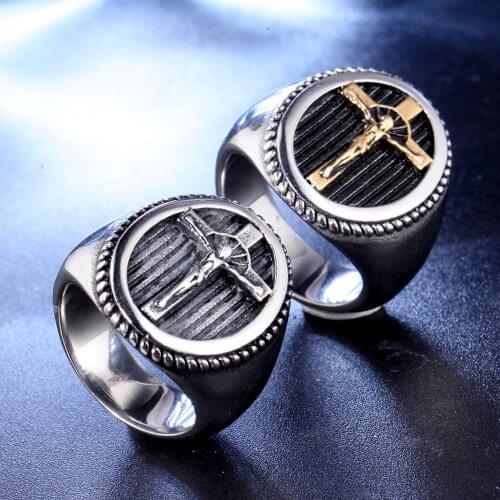 New Religious Christianity Jesus Cross Pattern Mens Ring Vintage Silver Color Trendy Metal Rings for Men Fashion Party Jewelry