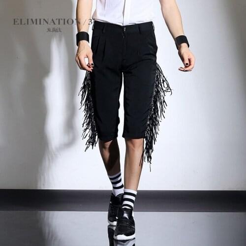Original design mens clothing houndstooth capris skinny pants male slim capris male black tassel pants singer costumes