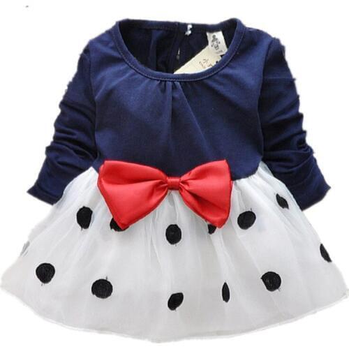 2015 New Cute Baby Girls Dress Cotton and Lace Mini Ball Grown Dresses Kids Clothes For 0-2 Years Baby Bowknot Polk dot dress