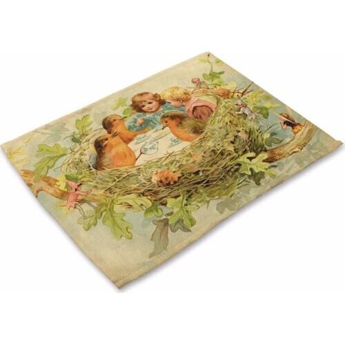 Retro Flower Cotton Linen Table Placemat Cartoon Bird Printed Western Pad Insulation Dining Table Mat Coasters Drink Coasters