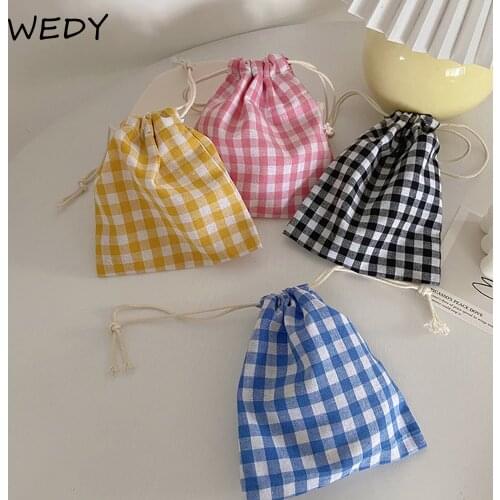 Simple Plaid Drawstring Bag Mini Storage Pouch Cotton Fabric Drawstring Pouch Christmas Gift Candy Jewelry Organizer Keys Bags