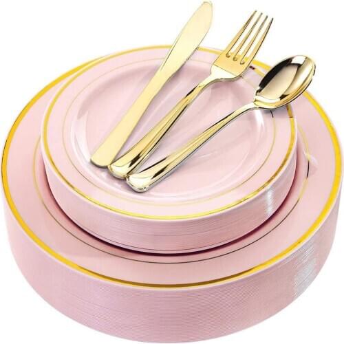 50pcs/lot Pink Plastic Plates with Gold Disposable Gold Plastic Silverware with Gold Lace Dinnerware for Wedding party Parties