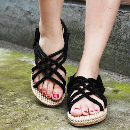 Hot Rome Women Shoes Summer Slippers Hemp Rope Flat Cross-tied Slippers Open Toe Sandals Sandalia Feminina Chaussures Femme