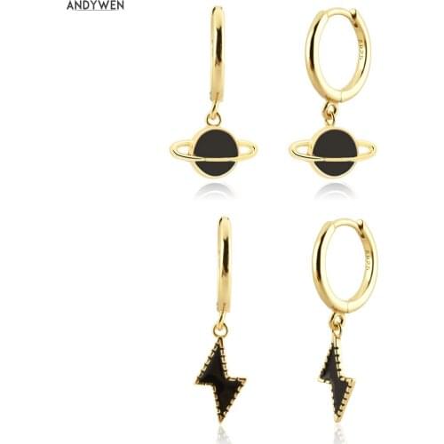 ANDYWEN 925 Sterling Silver Gold Black Globe Thunder Lightning SATURN Aros Rayo Negro Drop Earring Pendietes Rock Punk Jewelry