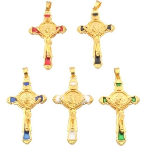 Mixing 5-color Enamel Saint Benedict Medal Cross Crucifix Religion Charms Pendants Jewelry DIY 28.5x56.2mm 30Pcs A-360