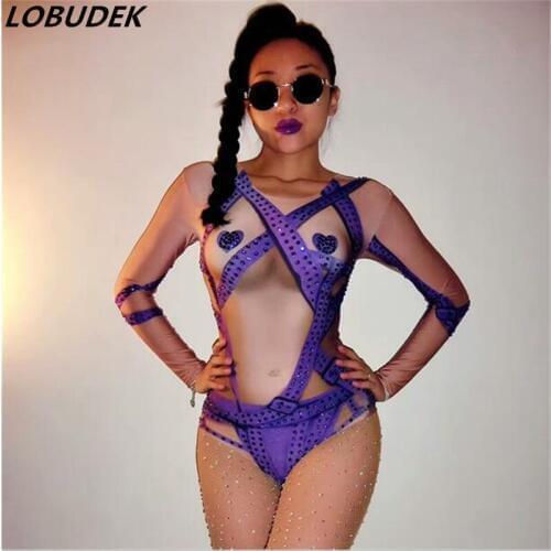 Purple leotard stretch bodysuit Bright stone Crystals jumpsuit female club bar sexy costumes see-through slim stage Catsuit