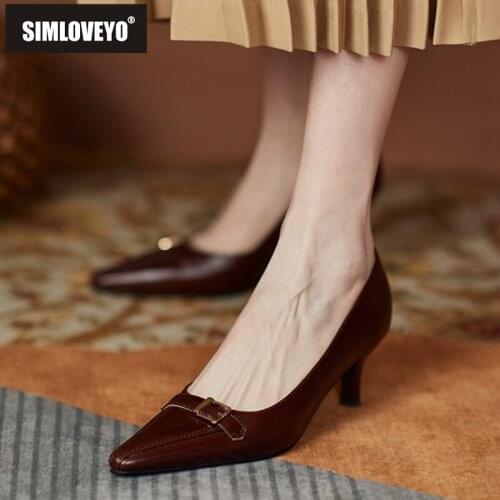 SIMLOVEYO New 2021 Women Pumps Pointed Toe 5.5cm Short Heels Genuine Leather Slip-On Buckle Stylish Big Size 40 Casual A3740
