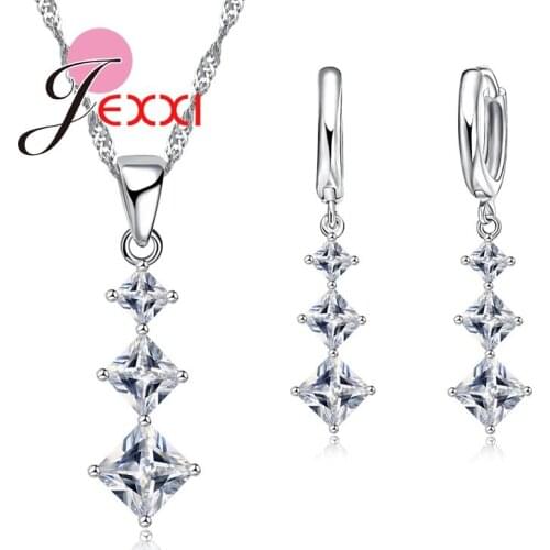 Fashion Square Cut Cubic Zirconia Crytal 925 Sterling Silver Bridal Wedding Jewelry Sets For Woman Earrings Necklace Sets