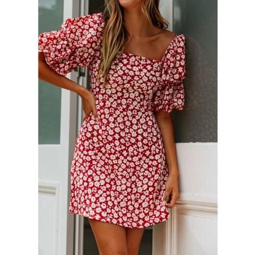 2021 Summer Womens Floral Floral Stretch Sexy Mini Dress Korean Fashion Vestidos Womens Fashion High Waist Beach Dress New