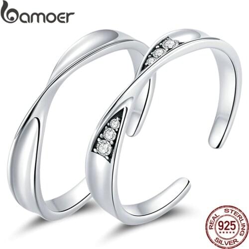 Bamoer Genuine 925 Sterling Silver Ring Simple Gems Open Ring Mobius Couple Rings for Women Male Adjustable Wedding Jewelry DIY