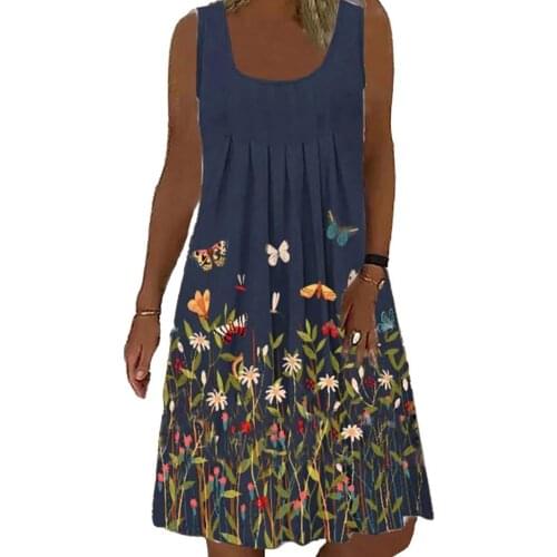Women Dress Summer Dress Polyester Floral Print Loose Round Neck Sleeveless Floral Print Pleated Women Dress платье летнее