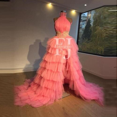Vintage High Neck Tulle Dresses Extra Puffy Women Ruffles Slit Dressing Gowns Sleeveless Fluffy Custom Made Maxi Party Wear