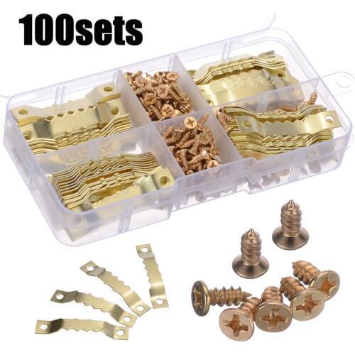 Hot Sale 100 Sets 45*8mm Golden Hanging Picture Photo oil Painting Mirror Frame Saw Tooth Hooks Hangers Frame Hooks + Screws