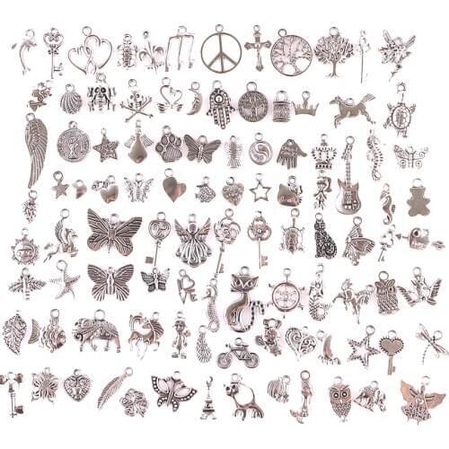 100pcs Mix Animal Tree Star Feather Charms Angel Crown key Pendant For Necklaces Keychain Jewelry Wholesale 23211