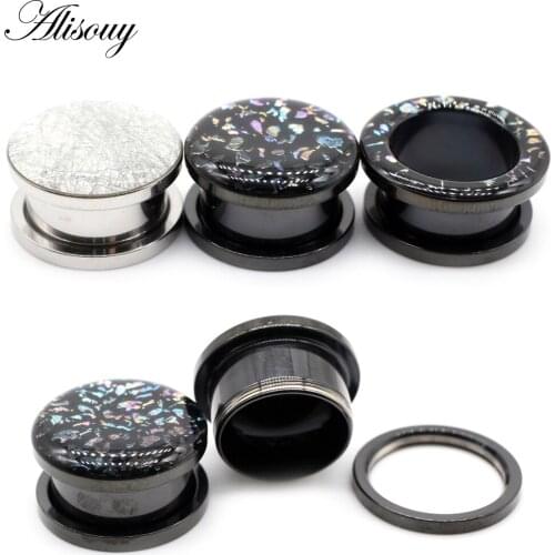 Alisouy 2pc Trendy Fashion Stainless Steel Black fantasy Pattern Ear Piercing Plugs Body Jewelry Gauge 8-25mm Tunnels Expanders
