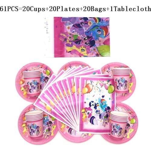 31pcs/61pcs My Little Pony Cartoon Plates Cups Gift Bags Tablecloth Baby Shower Birthday Decoration Kids Faves Party Supplies