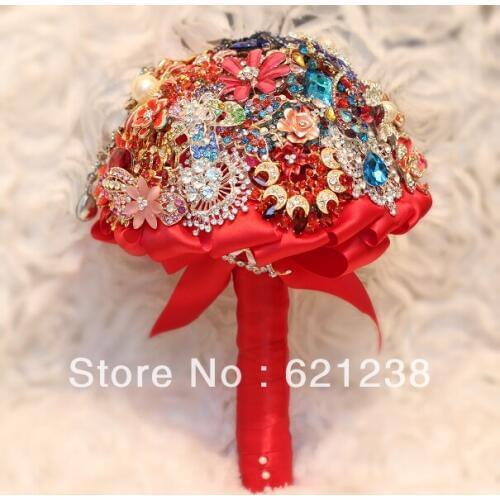 7 inch red Brooch bouquet / red & blue bride holding flowers / wedding crystal bouquet/Pink brooch bouquet