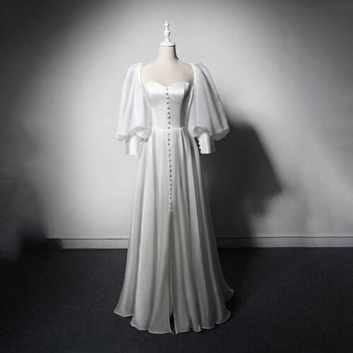 White Button Strapless Evening Dress Elegant Half Sleeves Simple Lace Up Empire Floor-Length Party Formal Dresses Woman B1013