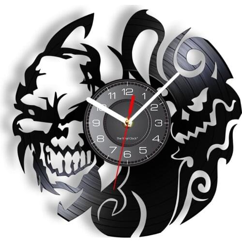 Gothic Skull Head Decorative Silent Non Ticking Wall Clock Unusual Surreal Skull Artwork Death Head Vinyl Record Ablum LP Clock