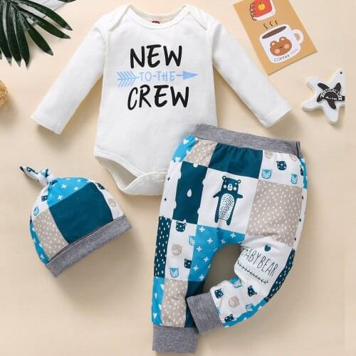Fall Winter Newborn Baby Boys Babysuit Romper Lounge Set Childrens Long Sleeve Tops + Long Pants + Hat 3PCS Clothes Set