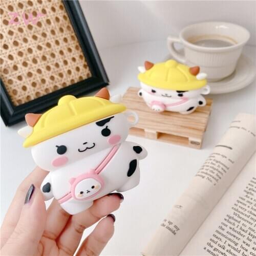Cartoon 3d cute cow bag for airpods 1 2 pro case box soft silicone wireless bluetooth headset animal protective cover