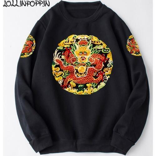 Dragon Embroidery Sweatshirt For Men Chinese Imperial Style O-Neck Long Sleeve Pullovers Mens Retro Sweatshirts
