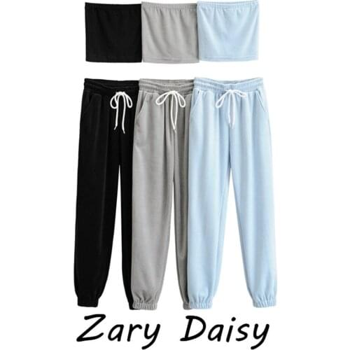 Zary Daisy soft elastic terry fabric sports high waist pants + short off shoulder Bra Top