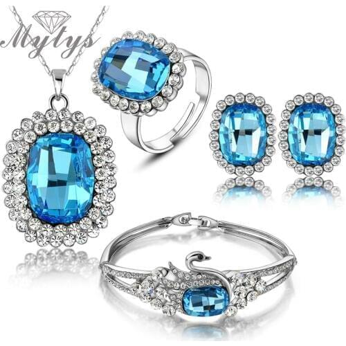 Mytys Blue Crystal Jewelry Sets Silver Color Necklace Bangle and Ring Sets for Women N436
