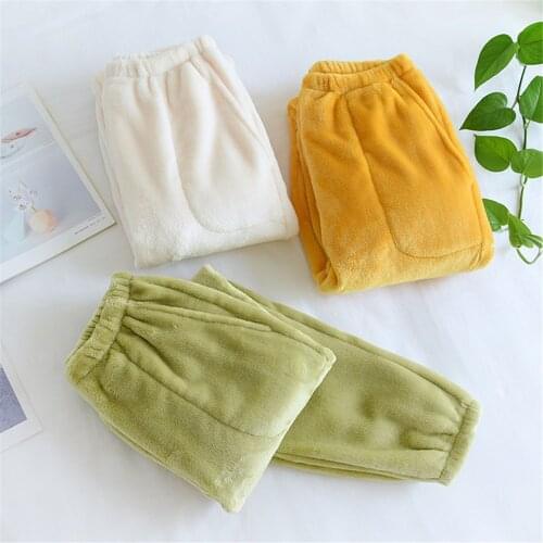 New Flannel Closure Legging Pajama Pants Womens Winter Warm Home Pants Solid Color Loose Large Size Soft Plush Nightwear Pants